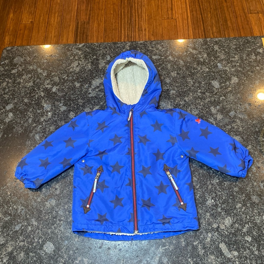 Mini Boden Hooded Puffer Zip Up Jacket Star Boys Blue 2-3Y